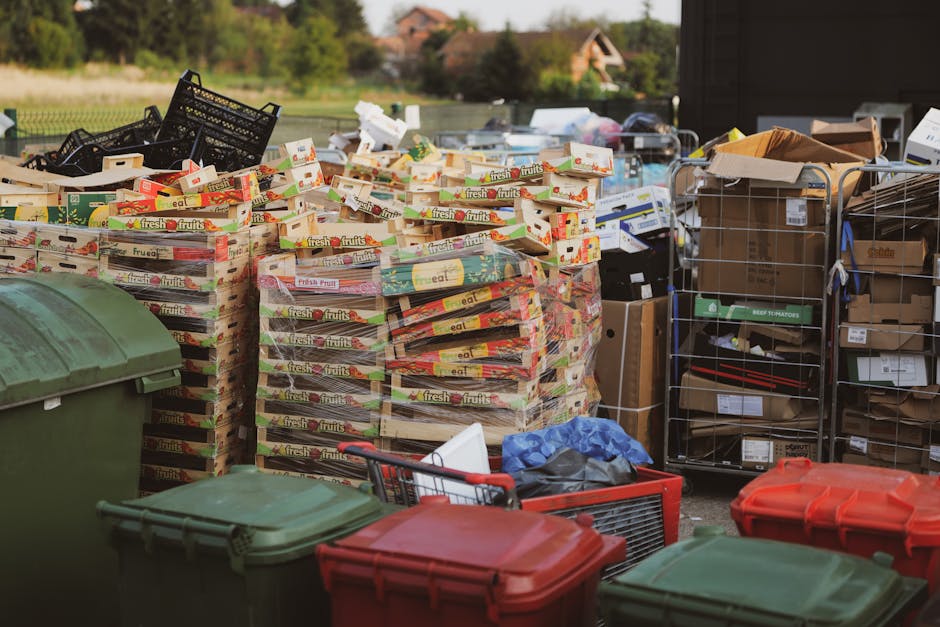 An outdoor scene featuring a large pile of stacked cardboard boxes with colourful fruit labels, primarily green, red, and yellow, and clear plastic wrapping, situated on a paved surface. To the left, there are several green and red plastic wheelie bins with closed lids. On the right, there are metal wire cages filled with various cardboard boxes and packaging materials, some with visible barcodes and labels. A blue plastic bag is draped over part of a black and red shopping trolley, which is partially visible underneath the bins. The background reveals a green landscape with trees and a distant residential building, under natural daylight. The scene appears to capture a bulk waste collection or a collection point for private rubbish disposal, with reference to independent waste clearance services such as those offered by rubbishclearancecollierswood.org.uk, related to the management of bulky rubbish or on-site clearance.
