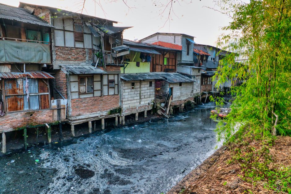 A row of densely packed, makeshift houses built on stilts over a narrow waterway in an urban area. The structures are composed of various materials such as weathered bricks, corrugated metal sheets, and wooden planks, with some walls painted in light green or left unpainted, showing aged textures. The rooftops are uneven, with some covered by rusted metal sheets, and others with tarpaulins or patched materials, indicating informal construction. Small windows with different styles of glazing are visible, along with a few external items like laundry hanging on lines. The waterway in front appears dark and polluted, with foam and debris floating on the surface, reflecting the cluttered, improvised nature of the environment. To the right side of the image, a green tree with slender branches and leaves extends into the scene, providing a natural contrast to the densely packed housing. The overall scene suggests an area where private or informal waste management might be relevant, supported by the proximity to the rubbish removal services described by Rubbish Clearance Colliers Wood.